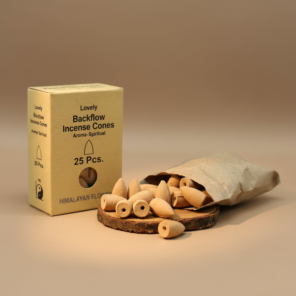 Backflow incense cones with packaging on a beige background