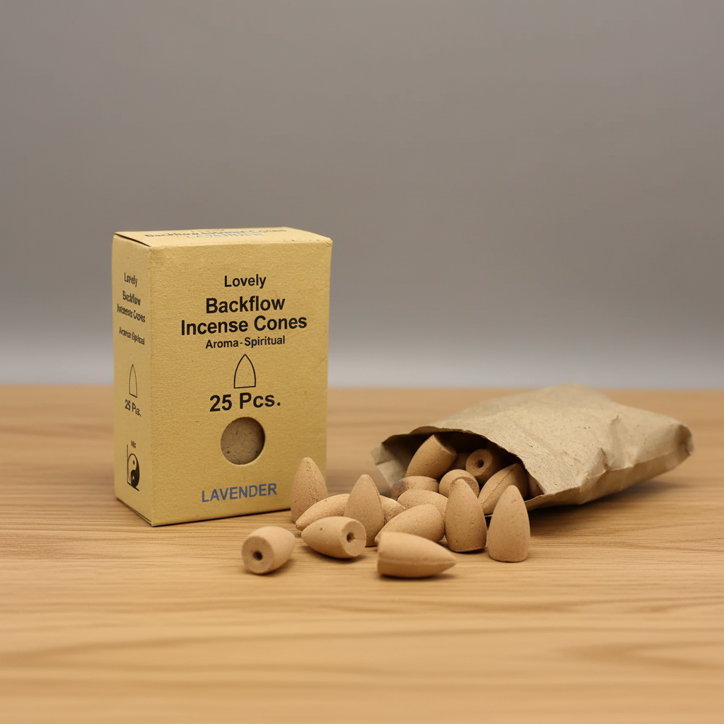 Backflow incense cones with packaging on a wooden surface