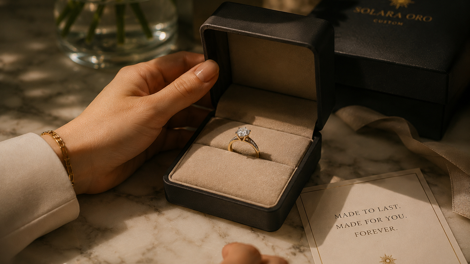 Hand holding a ring in an open jewelry box on a marble surface with 'Solerara Oro' branding.