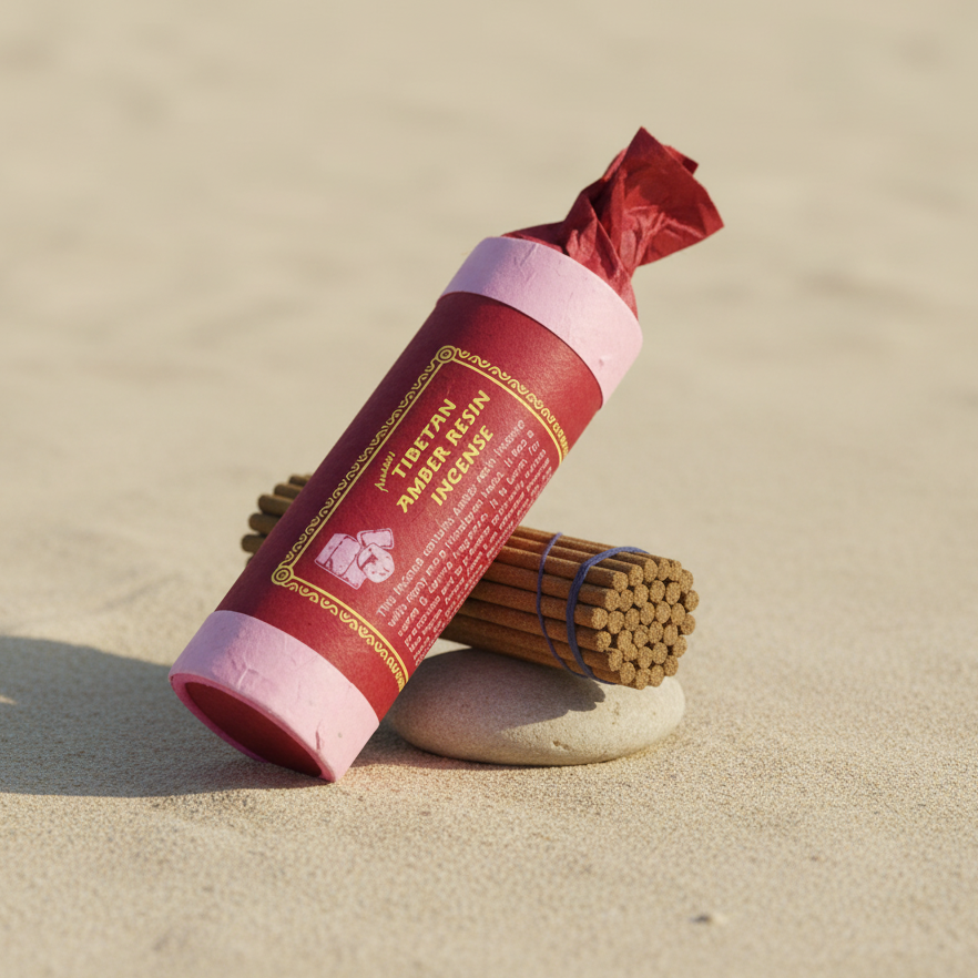 Red incense stick container with pink lid on a stone, surrounded by sand.