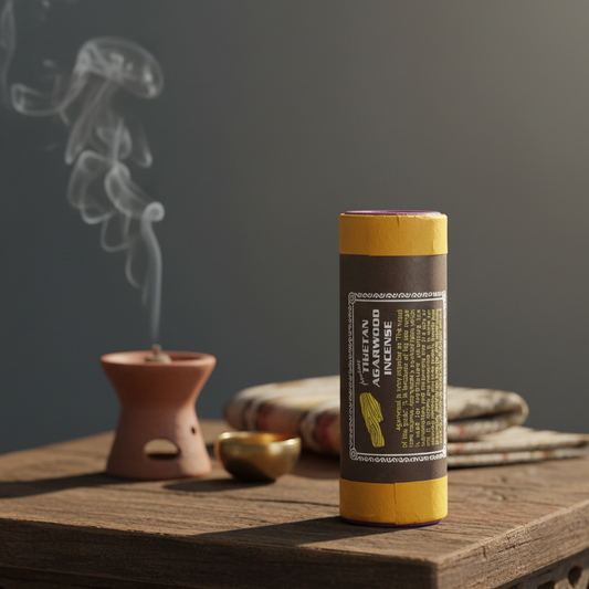 Incense stick with a blurred background of smoke and incense burner.