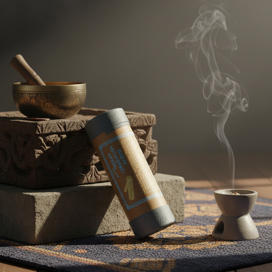 Incense stick with smoke, Tibetan singing bowl, and sandalwood burner on a textured surface.