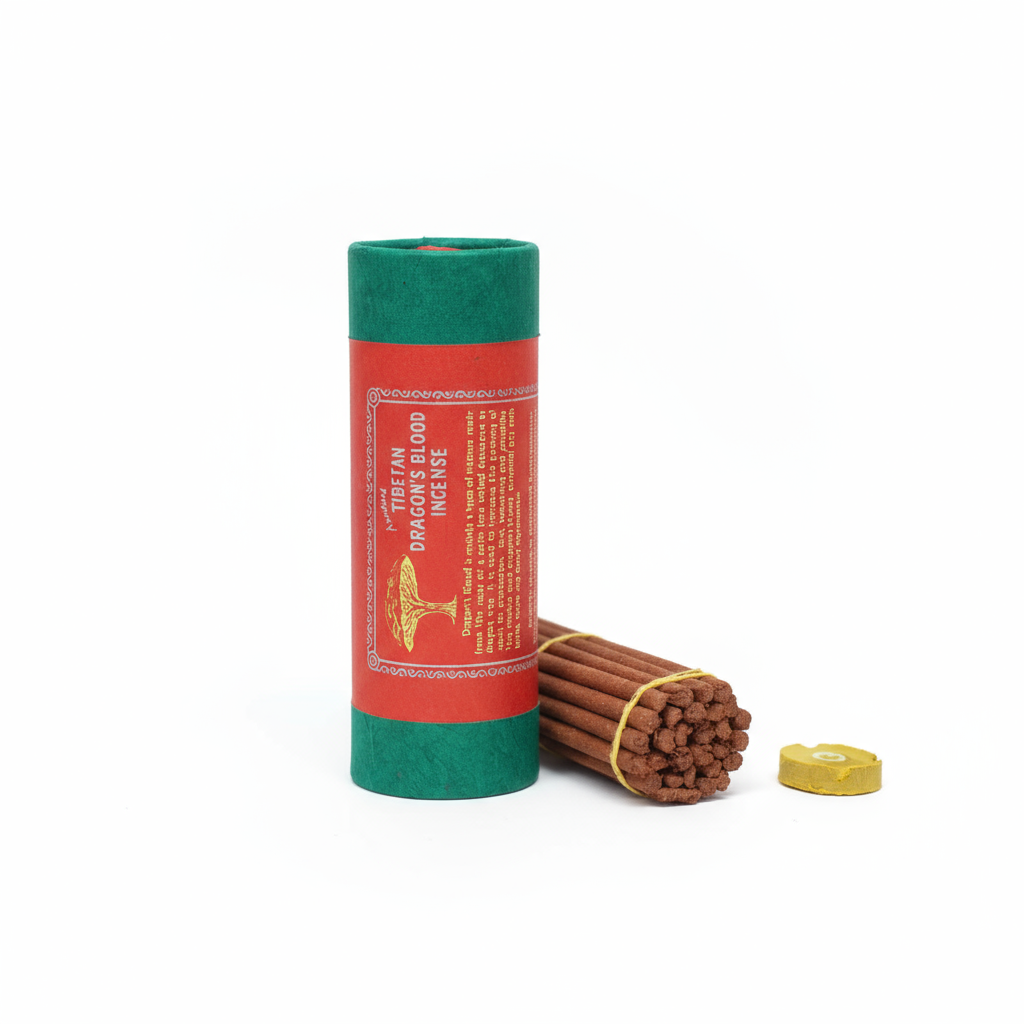 Incense stick with green and red packaging on a white background