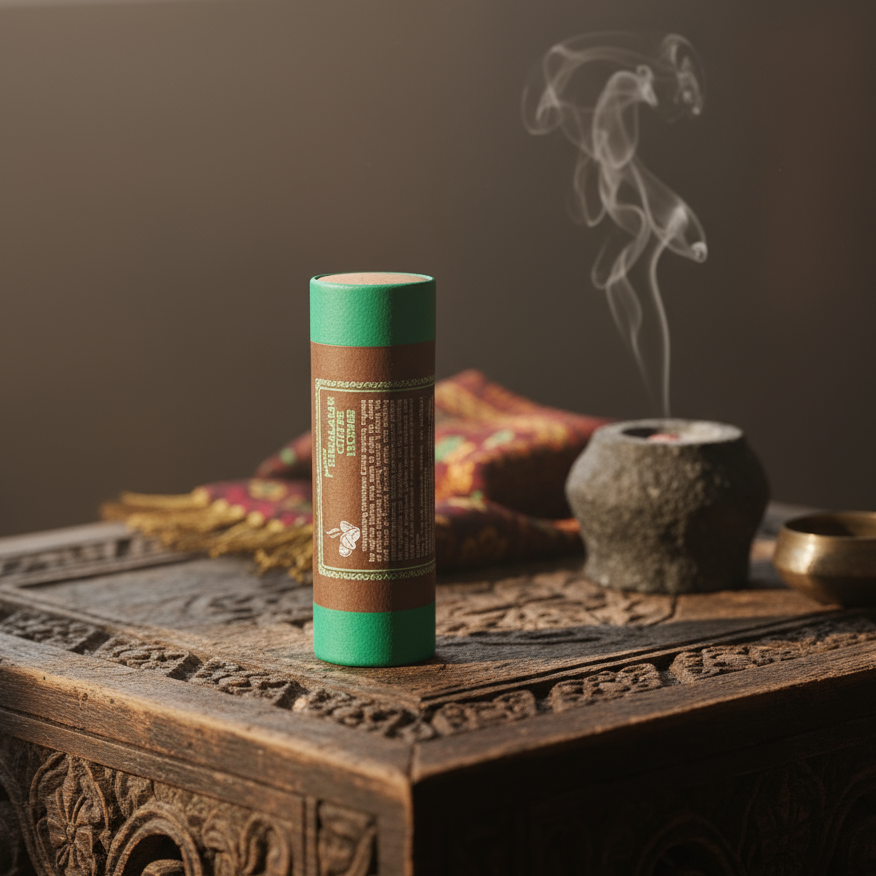 Incense stick with smoke on a wooden table
