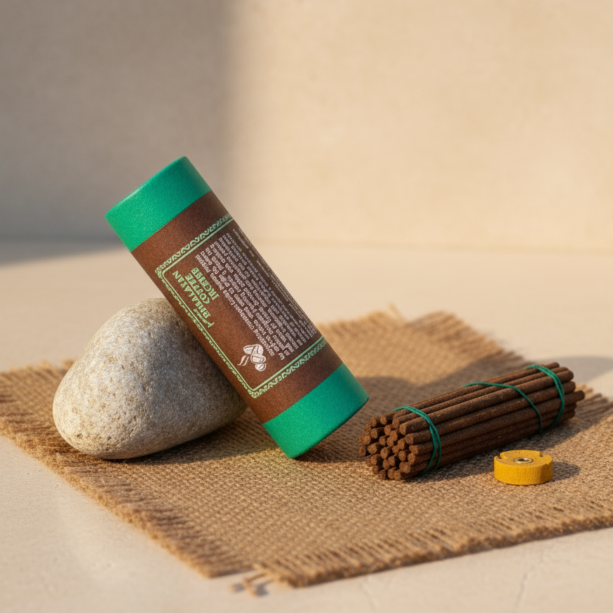 Incense stick holder with green lid and brown label on a stone and burlap surface