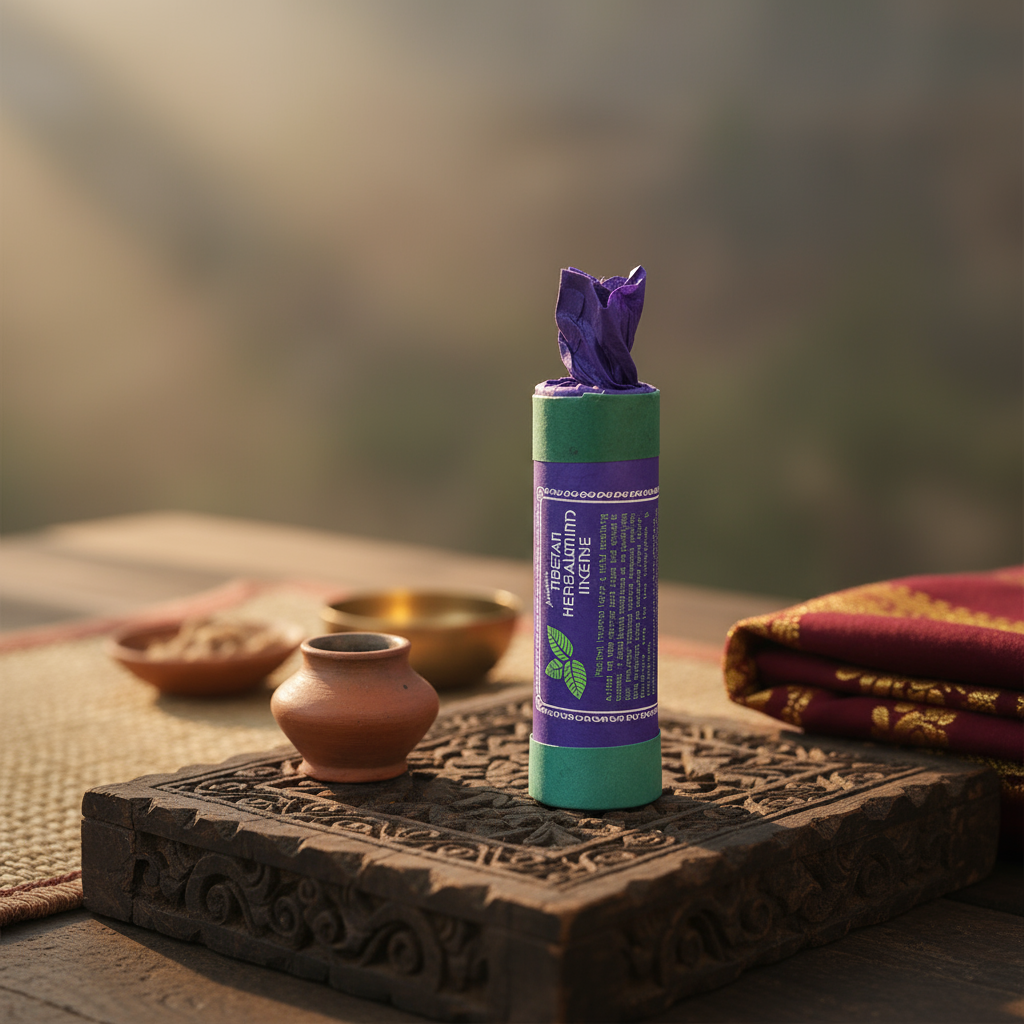 Purple and green tube with a purple flower on top, placed on a textured surface with a blurred natural background.