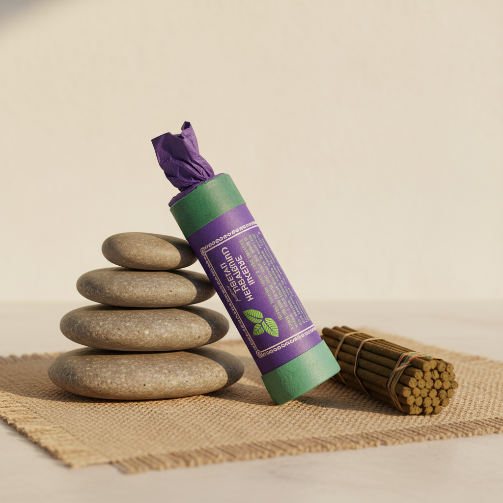 Purple and green rolled-up product with a bundle of sticks on stones and mat