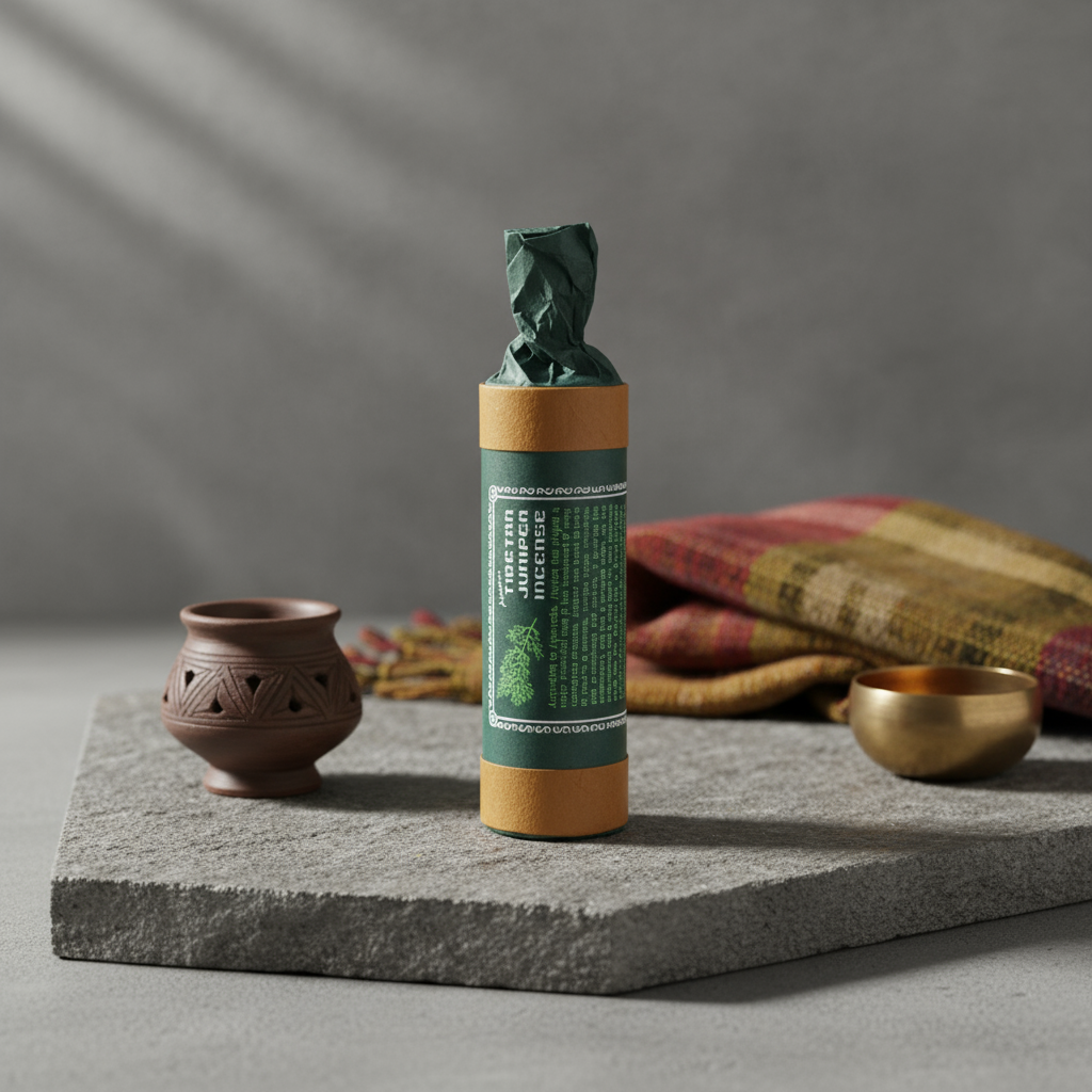 Cylindrical product with green label on a stone surface with decorative items