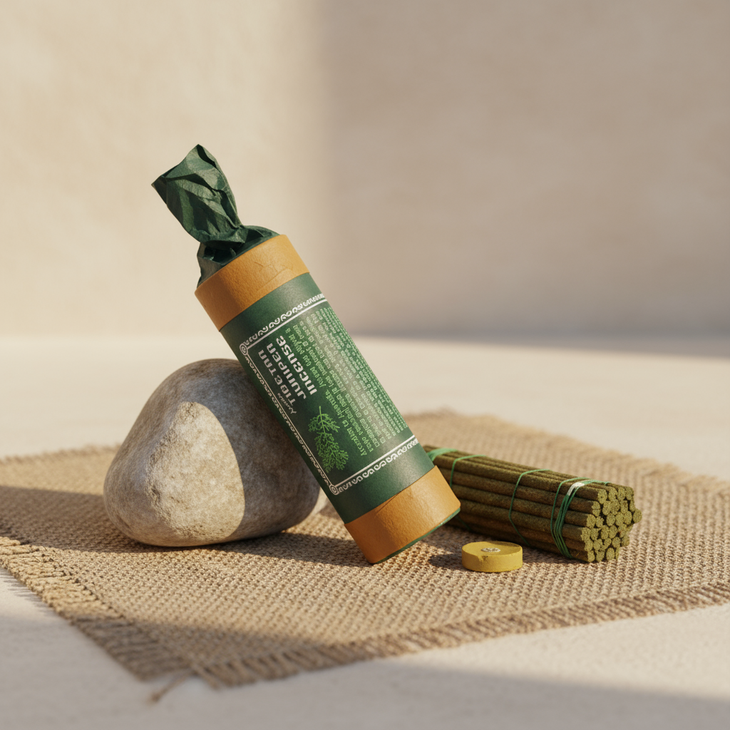 Green cylindrical product with brown cap on a stone surface