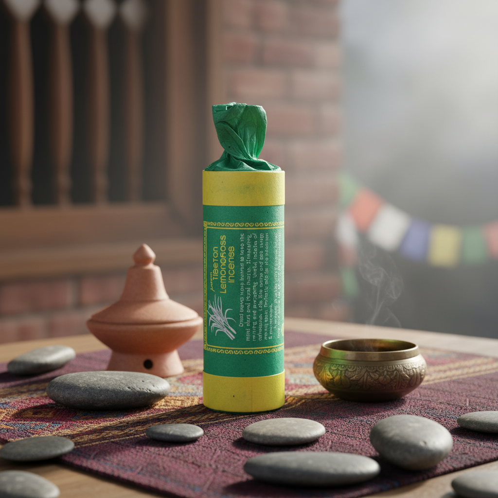 Green and yellow incense stick container on a table with stones and a pot in a blurred background