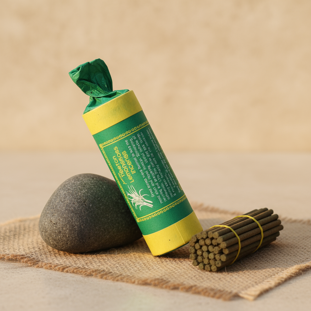 Green and yellow wrapped product with a stone and sticks on a beige background