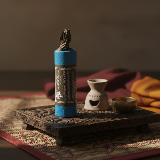 Incense stick in a blue holder on a decorative tray with a blurred background