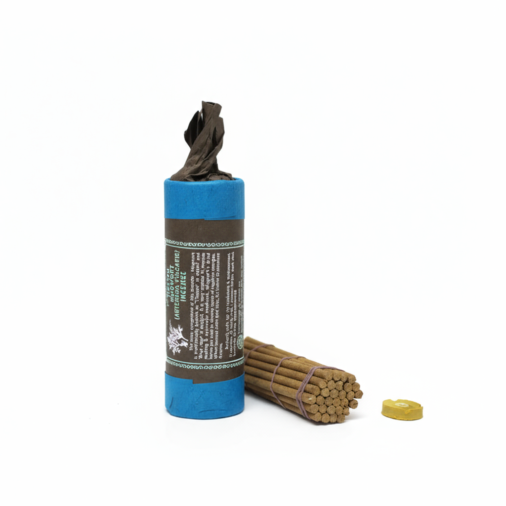 Blue cylindrical container with a brown label and a bundle of sticks on a white background