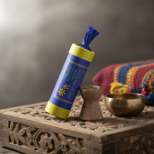 Blue and yellow incense stick on a wooden tray with a blurred background