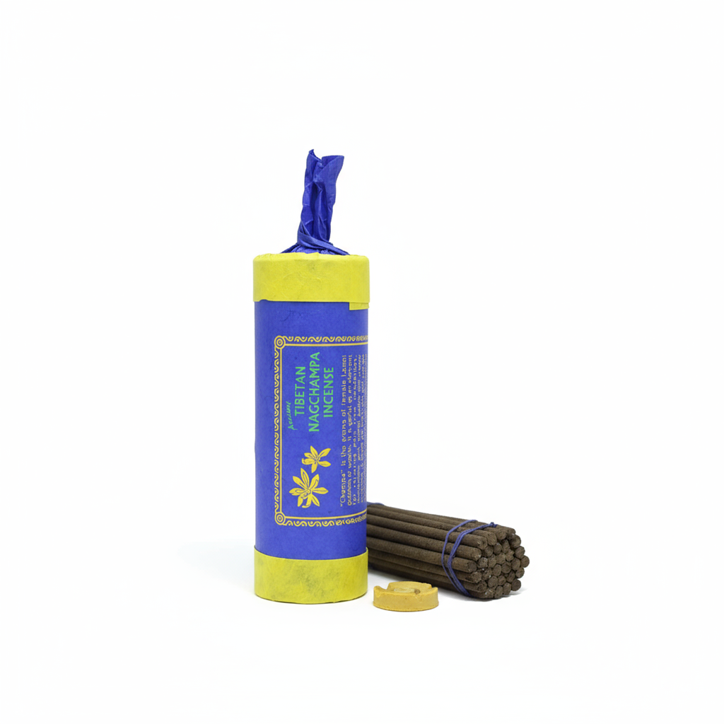 Tibetan Nag Champa incense stick tube with incense sticks on a white background