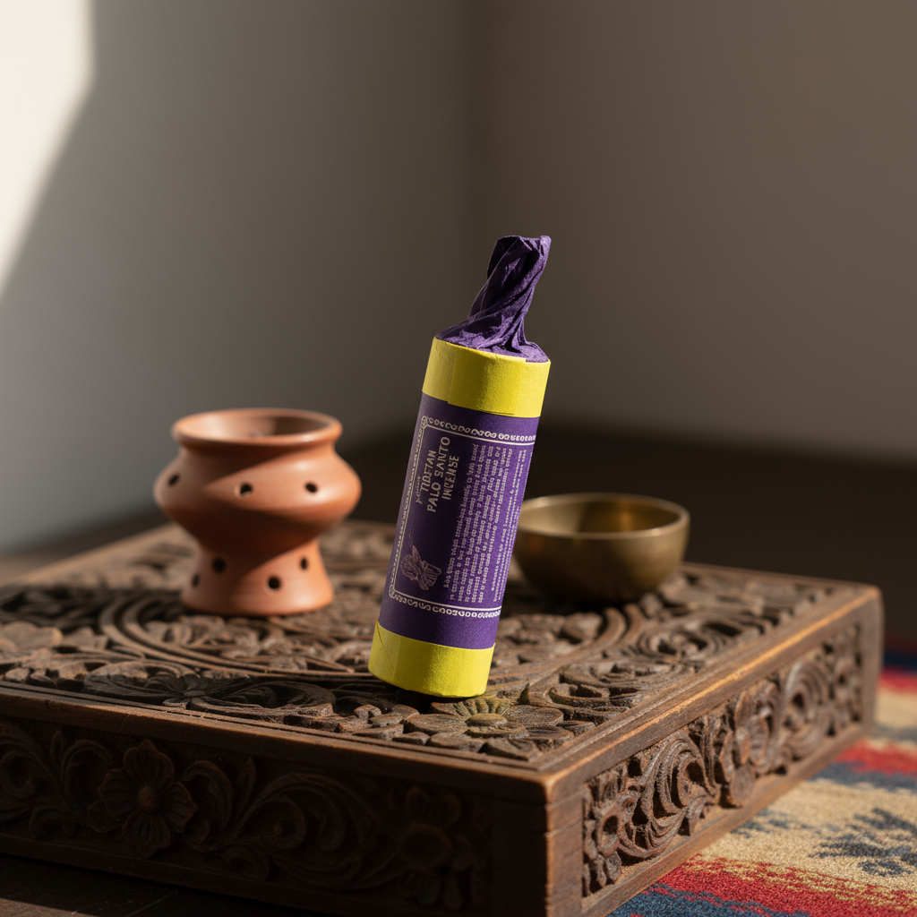 Incense stick with purple and yellow packaging on a wooden tray
