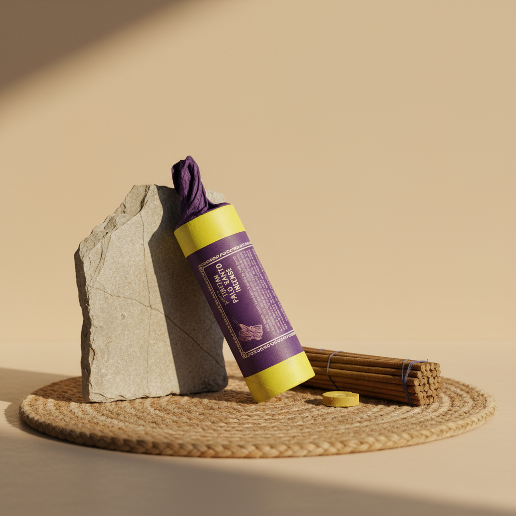 Purple and yellow cylindrical product with a stone and incense on a beige background