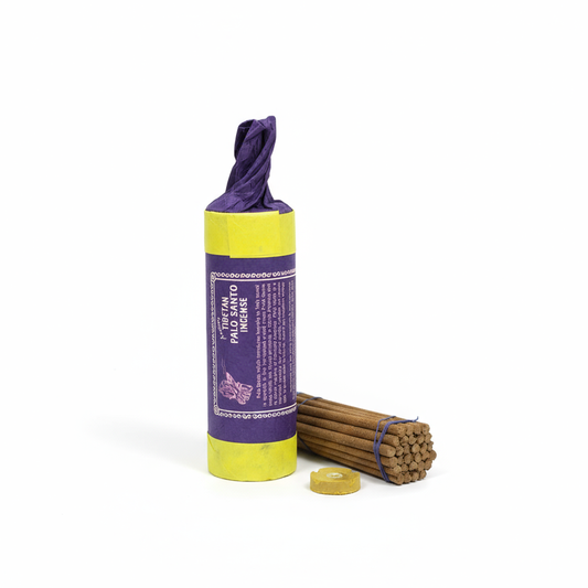 Purple and yellow incense stick holder with incense sticks on a white background