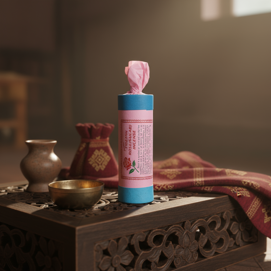 Pink and blue cylindrical product with a flower on top, placed on a wooden surface with decorative items.