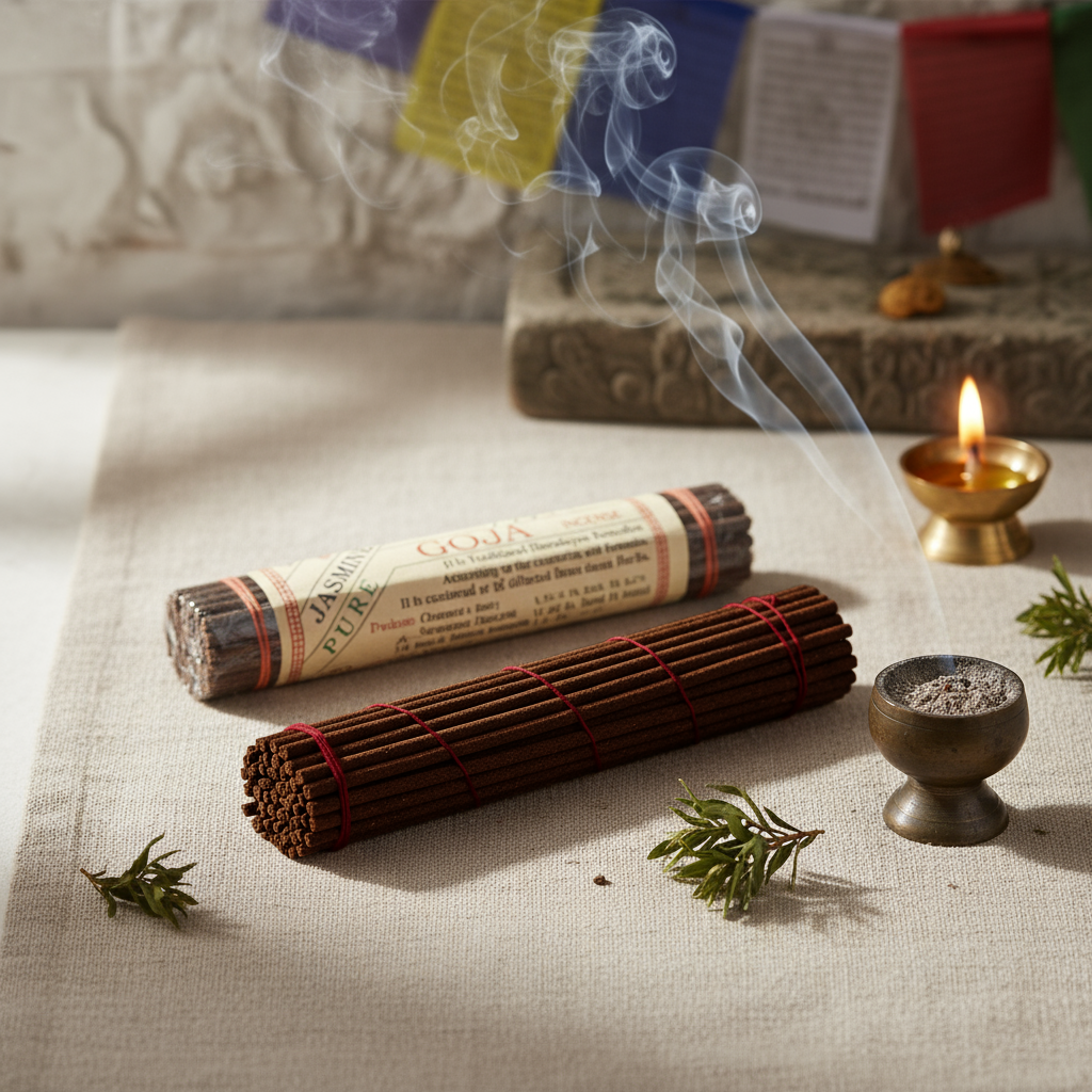 Incense sticks with smoke, a lit candle, and a small bowl on a textured surface.