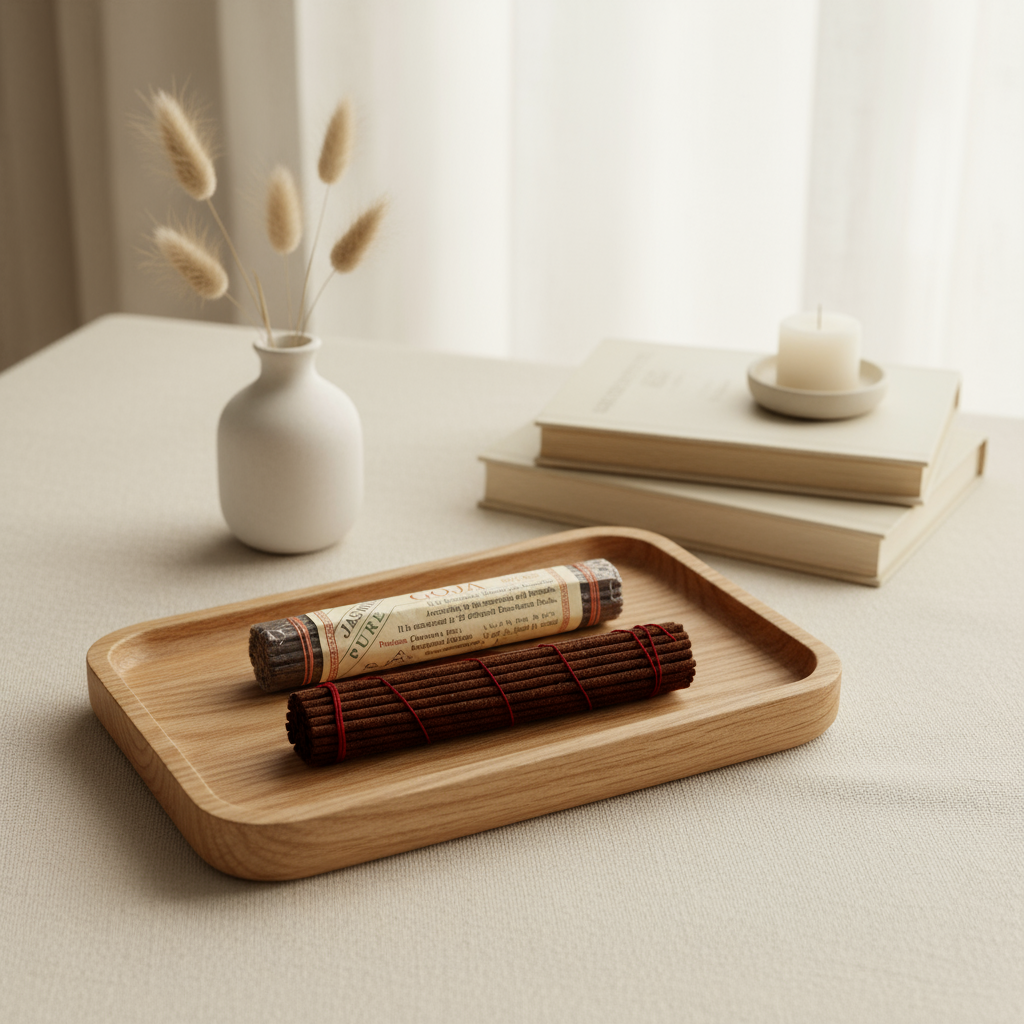 Wooden tray with rolled incense on a light surface with books and a vase in the background
