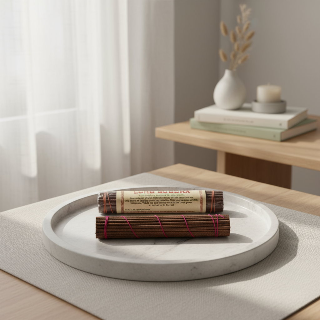 Two rolled-up papers tied with string on a marble tray in a minimalistic room.