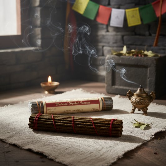 Two bundles of incense sticks on a white mat with smoke and a candle in the background.