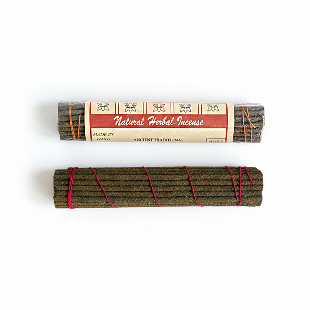 Two rolls of natural herbal incense with a label on a white background