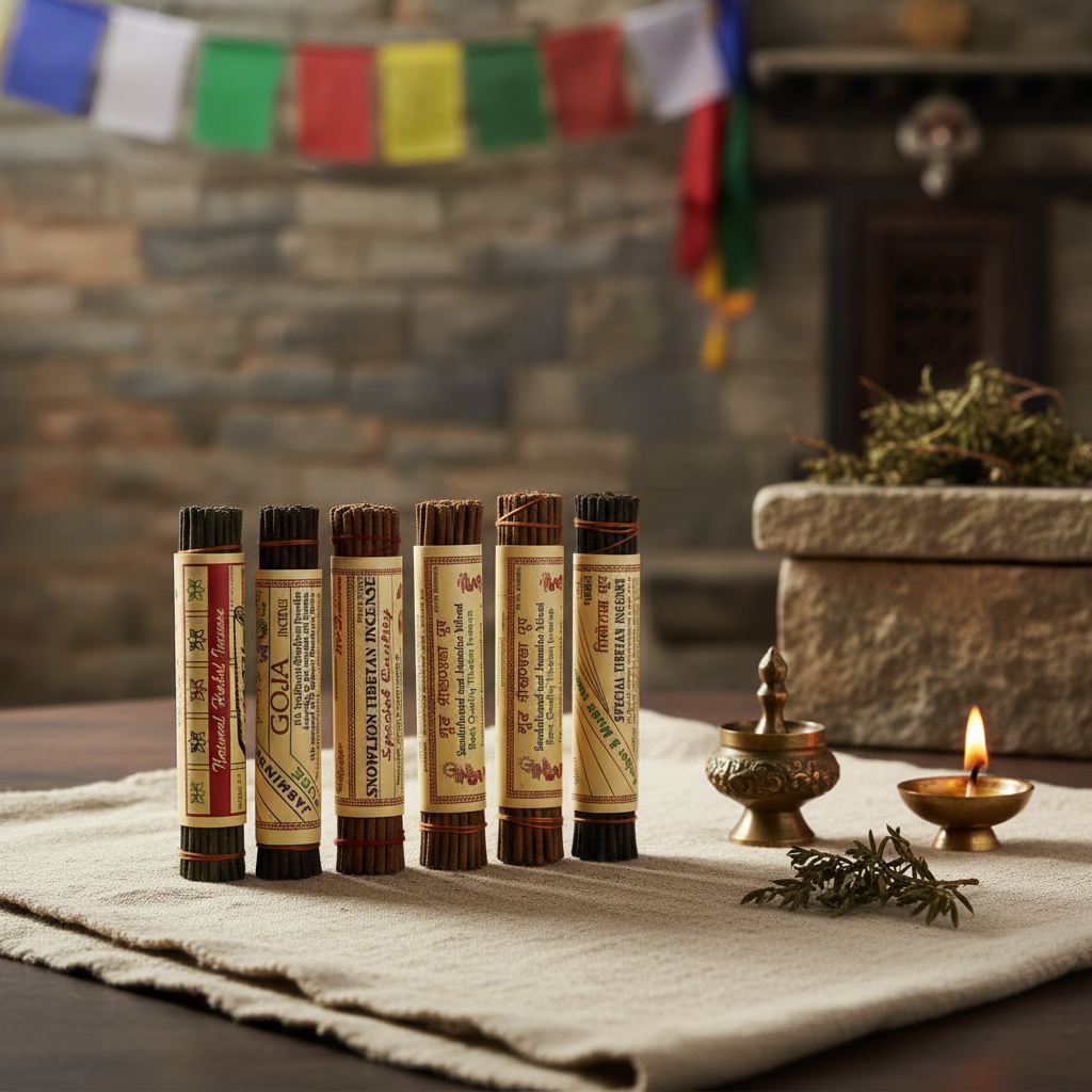 Set of herbal medicine tubes on a table with candles and prayer flags in the background.
