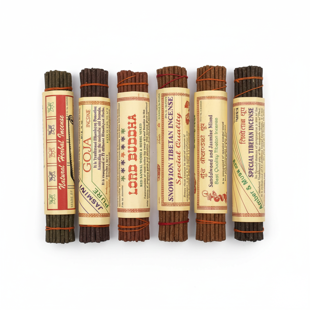 Set of six incense sticks with labels on a white background