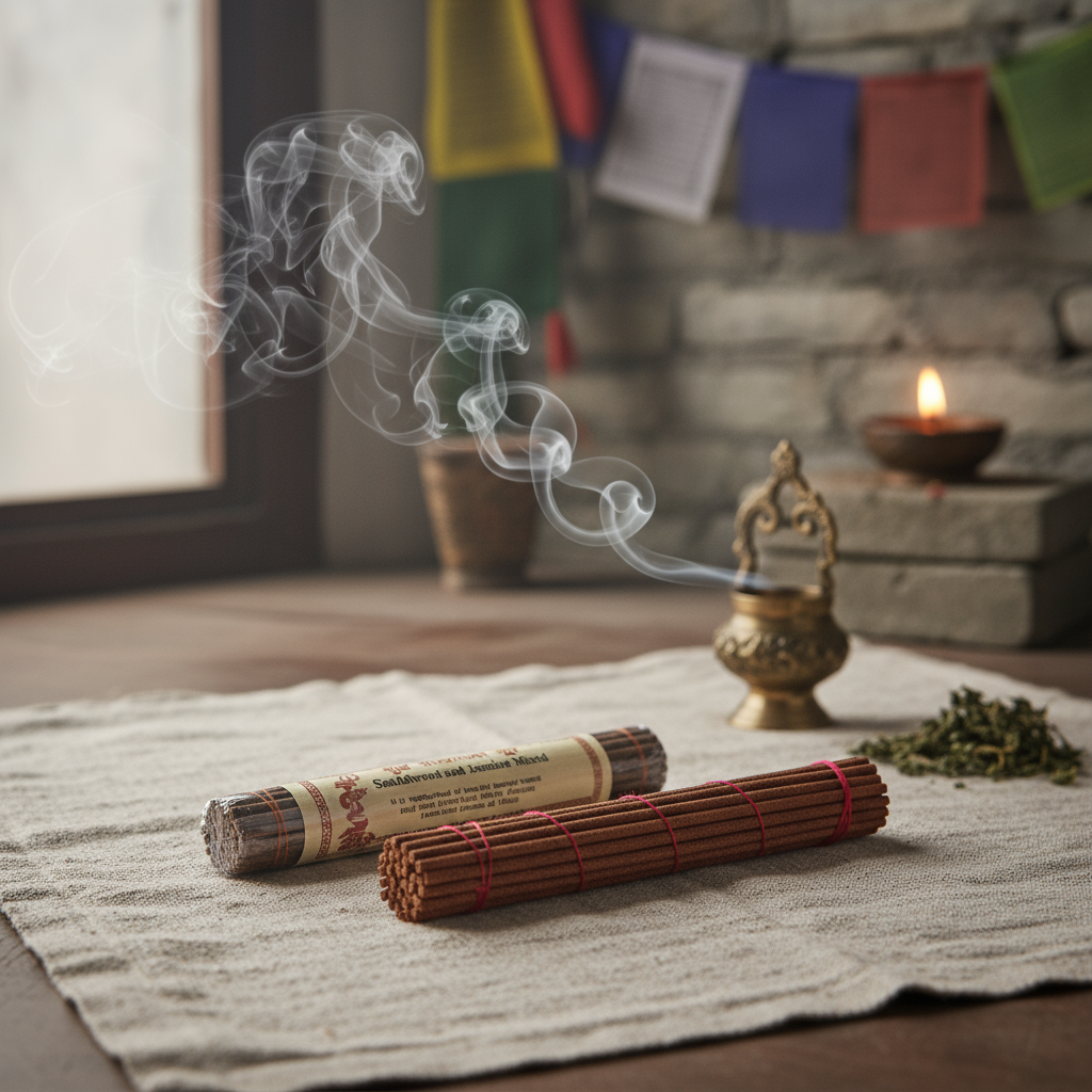 Incense sticks with smoke on a cloth surface, with a blurred background of colorful flags and a lit candle.