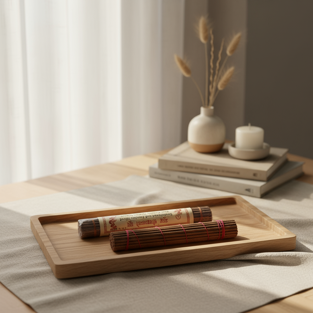 Wooden tray with incense sticks on a table with books and a vase in the background