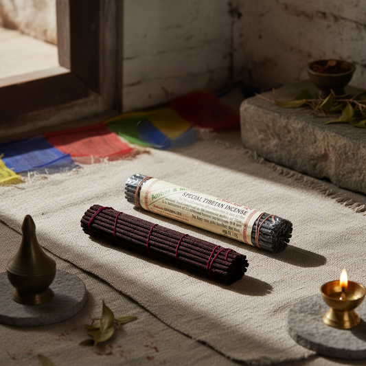 Two bundles of incense and a roll of incense packaging on a textured surface with a candle and small container in the background.