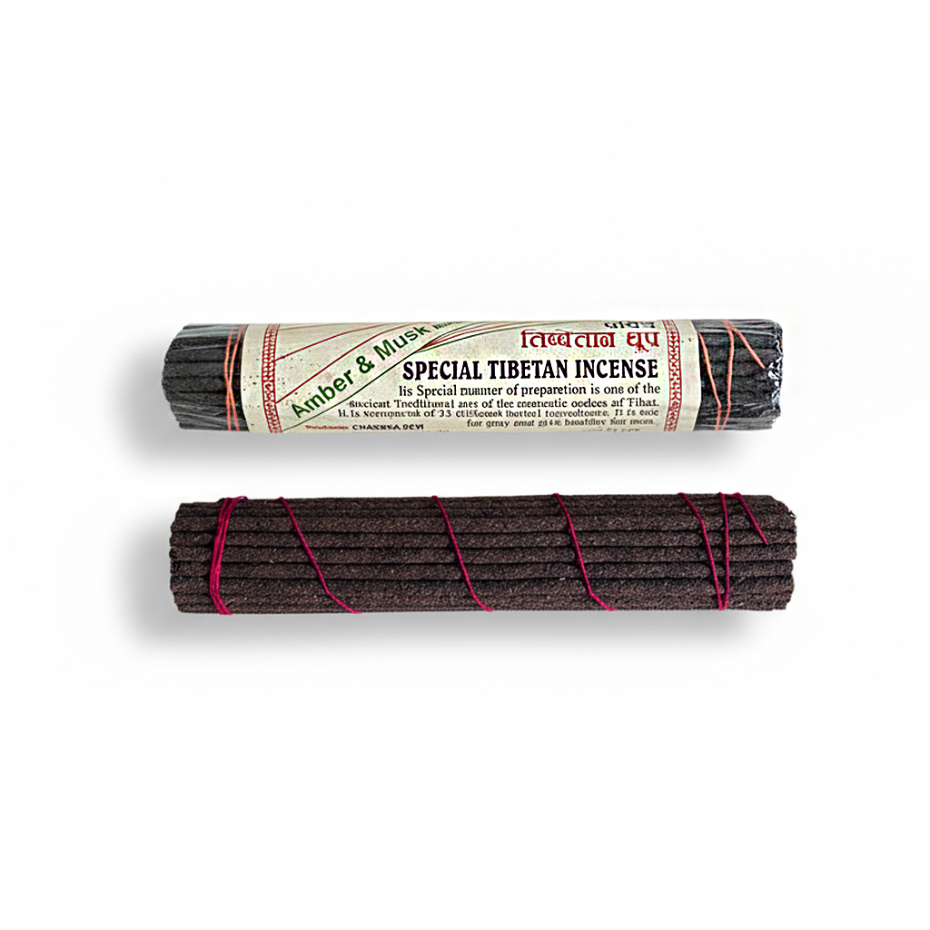 Special Tibetan Incense with Amber & Musk fragrance on a white background