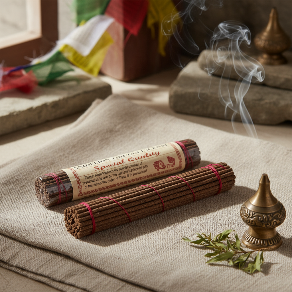 Two bundles of incense sticks with a label on a textured surface, surrounded by smoke and decorative items.