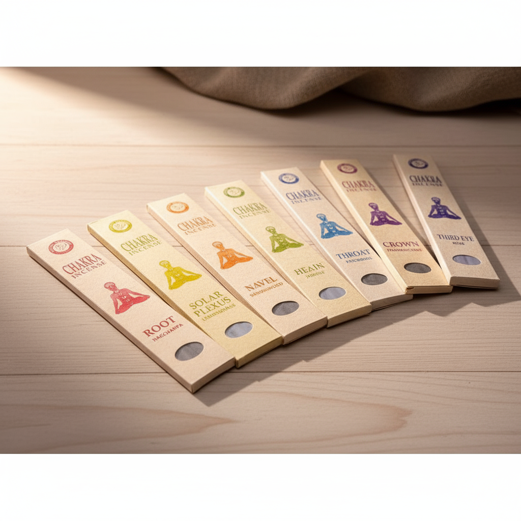 Chakra Incense Stick Collection Set - 7 Handmade Herbal Incense Varieties from Nepal in Traditional Lokta Paper Packaging Displayed on Wooden Surface