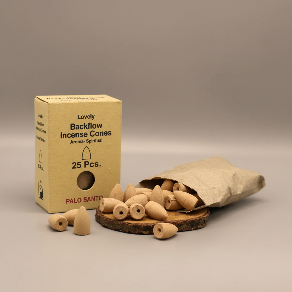 Backflow incense cones with packaging on a neutral background