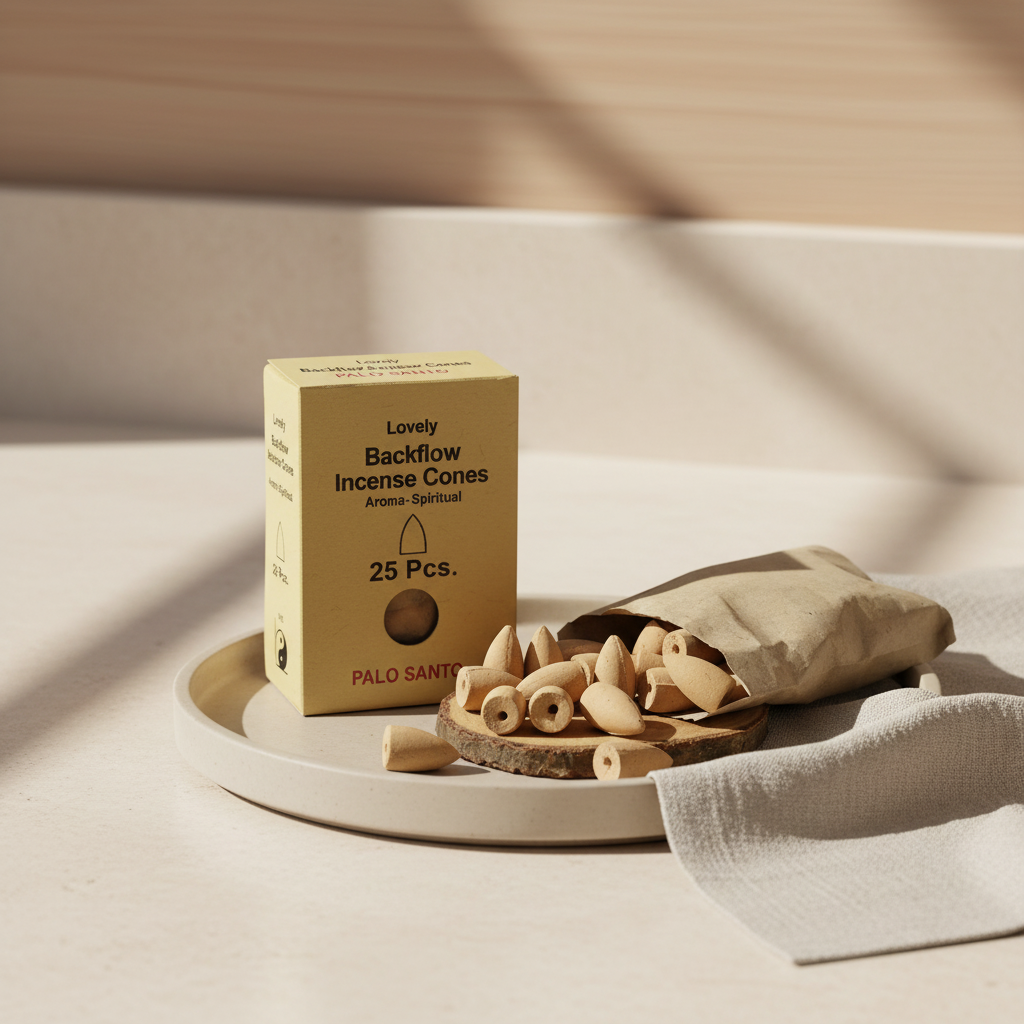 Box of Lovely Backflow Incense Cones on a white surface with a wooden tray and bag.