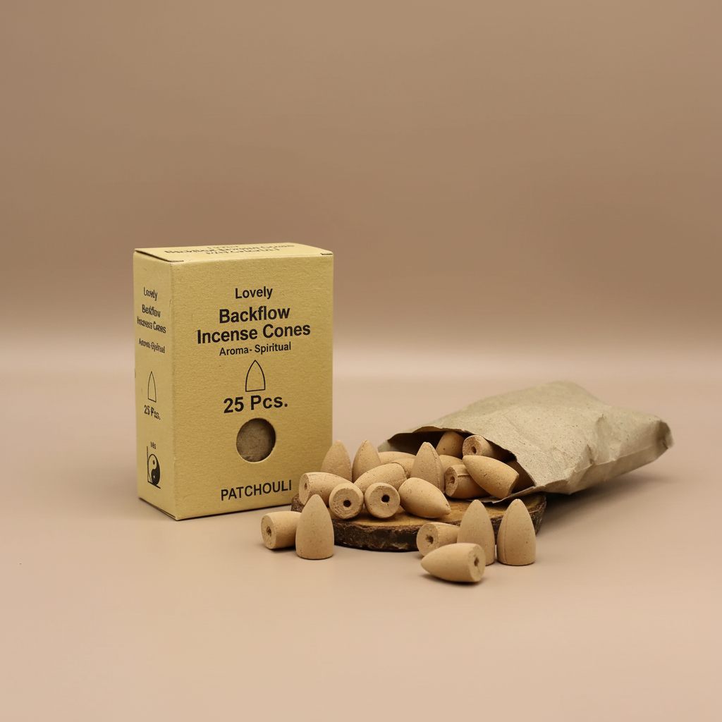 Box of Lovely Backflow Incense Cones with open bag on a beige background