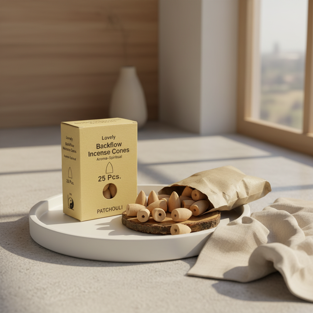 Incense cones with packaging on a white tray in a bright room