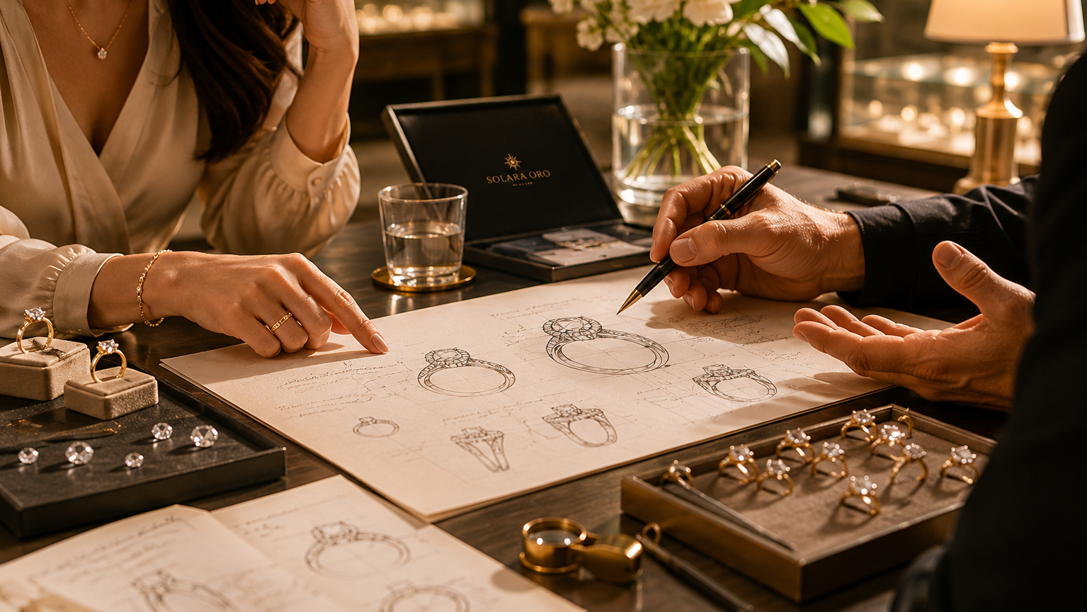 Two people working on jewelry designs with sketches and models on a table.