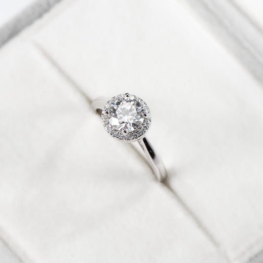 Silver ring with a diamond on a white background