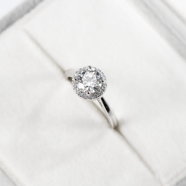 Silver ring with a diamond on a white background