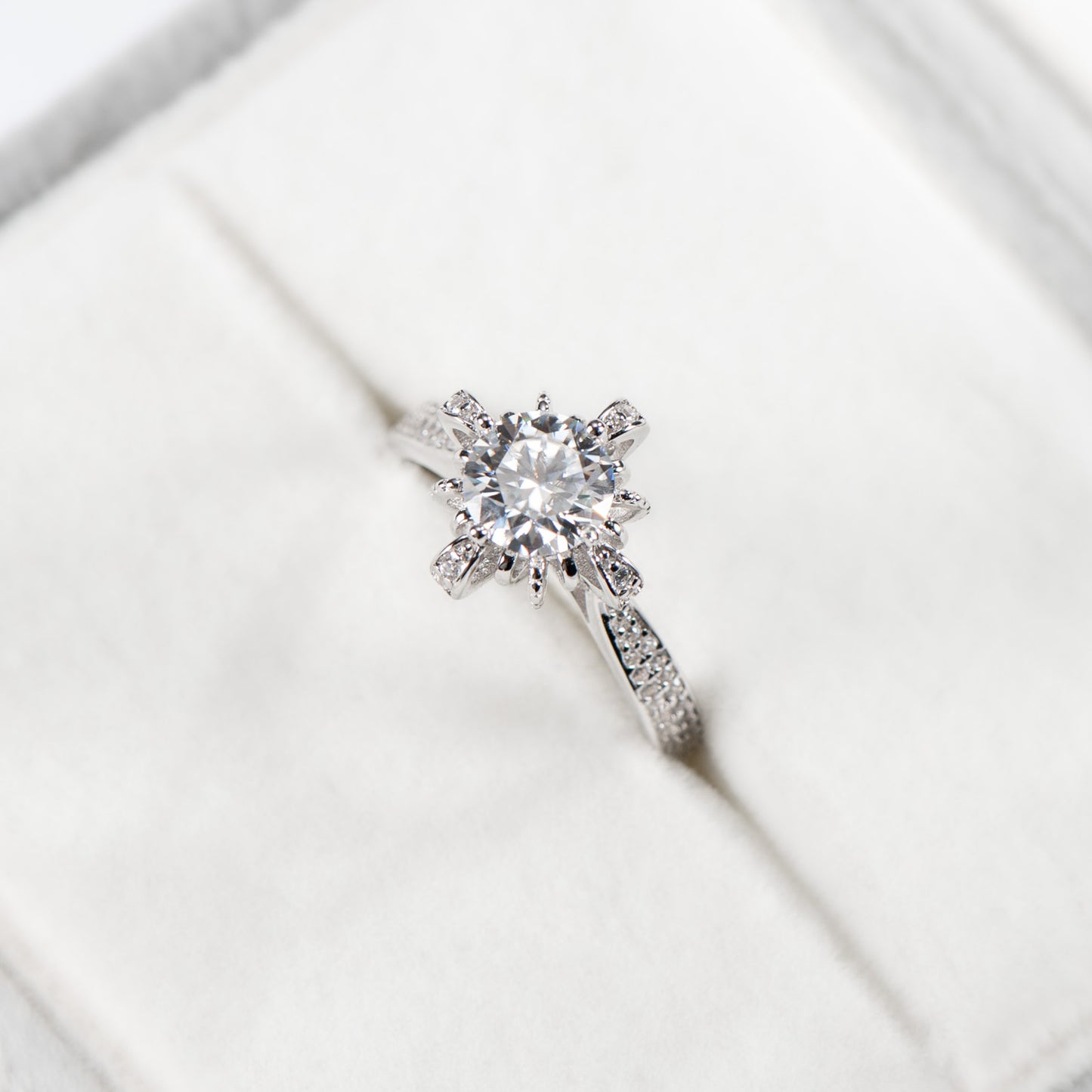 Diamond ring on a white cushioned surface