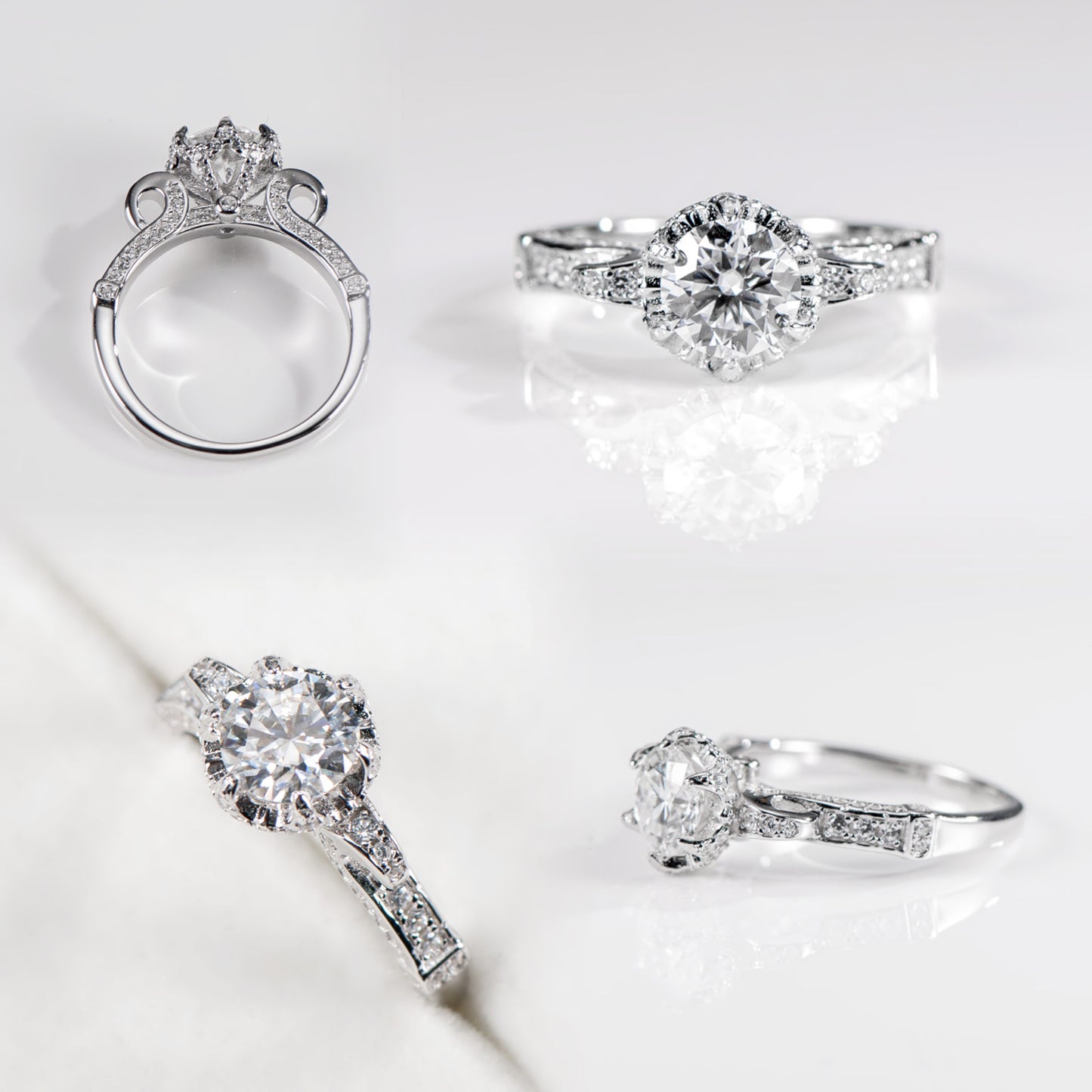 Set of diamond rings on a white background