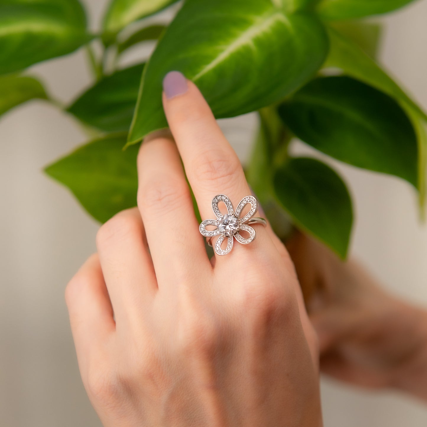 The Blossom – Round Brilliant Lab Diamond Open Flower Ring in 925 Silver – TY-R-043 – Image 24