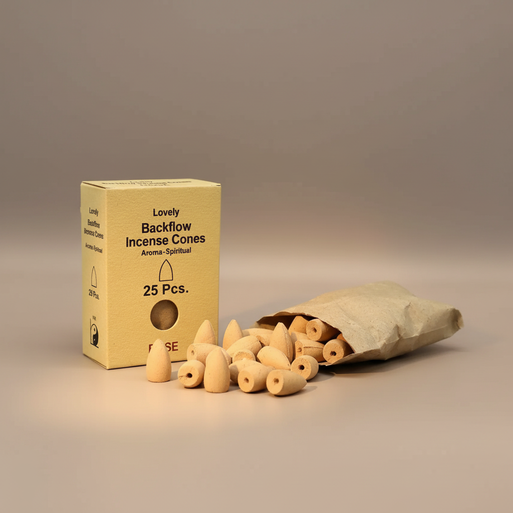 Box of Lovely Backflow Incense Cones with an open paper bag filled with cones on a neutral background