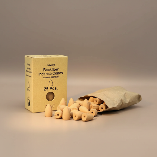 Box of Lovely Backflow Incense Cones with an open paper bag filled with cones on a neutral background