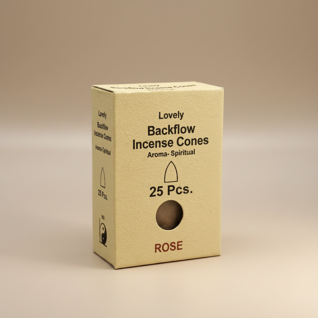 Box of Lovely Backflow Incense Cones with 'Rose' flavor on a beige background