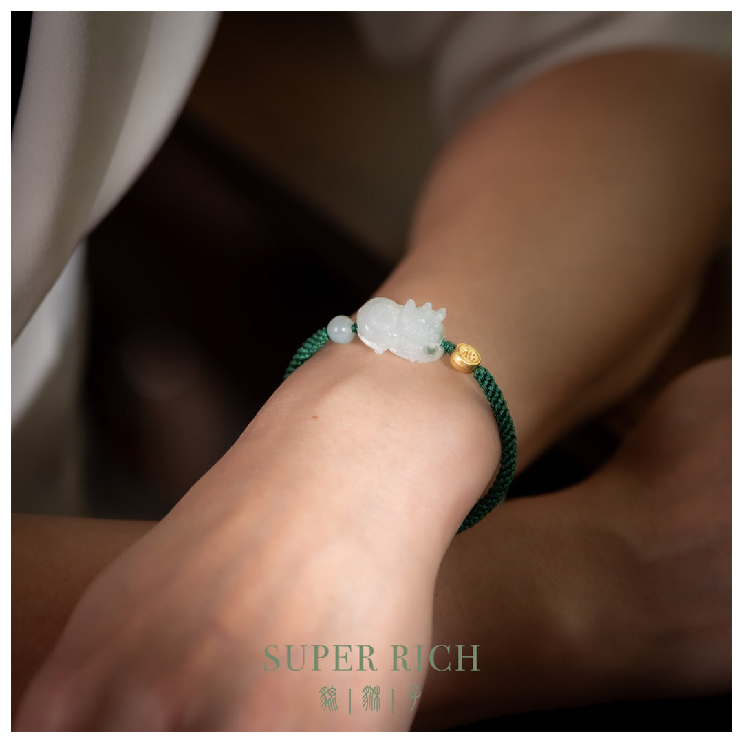 Bracelet with a decorative charm on a wrist, featuring the brand 'Super Rich'.